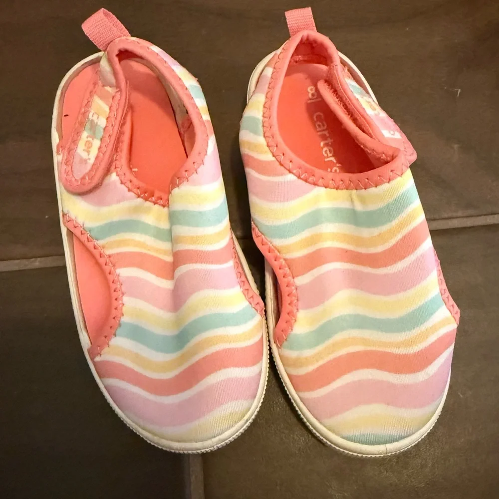 Carter's Kids Pink Orange Multicolor Stripe Wave Velcro Water Shoes Girl’s 8